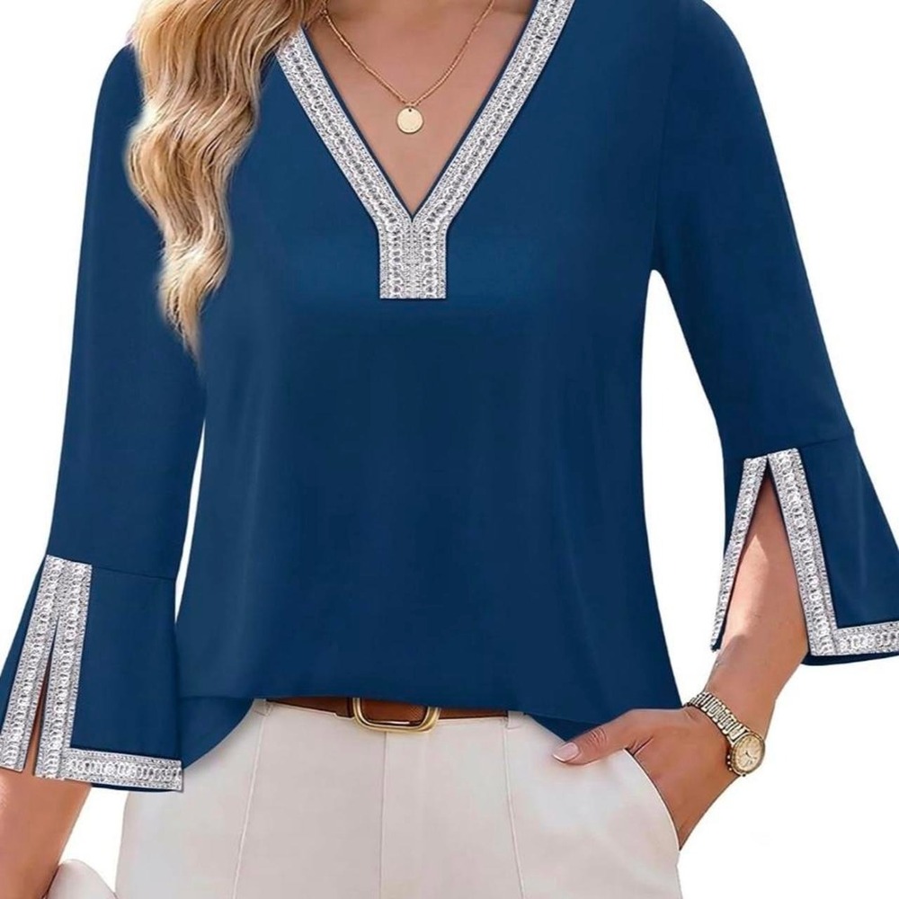 VALOLIA Womens Shimmer Trim 3/4 Sleeve Loose Fit Tunic Top Navy Blue Medium